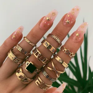 Ethnic Vintage Geometric Hollow Design Alloy Ring Set for Women Men 13-Piece
