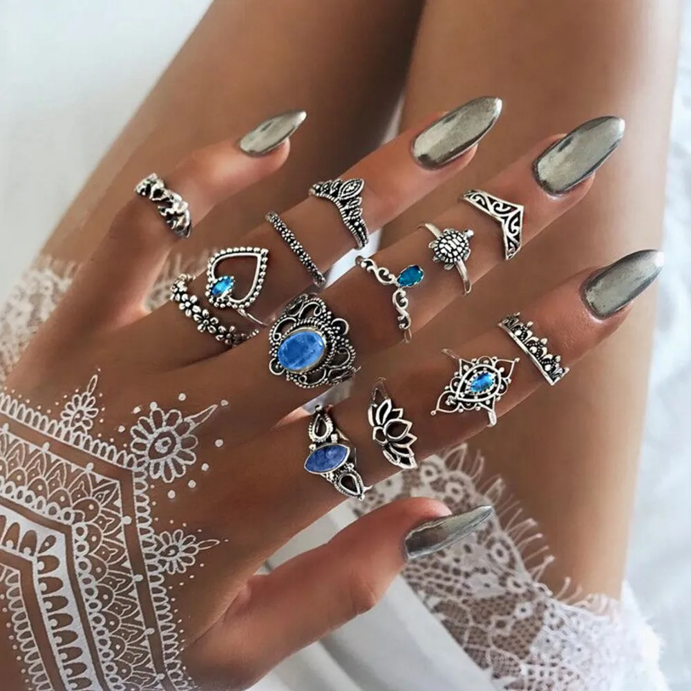 Ethnic Vintage Geometric Hollow Design Gemstone Decoration Alloy Ring Set