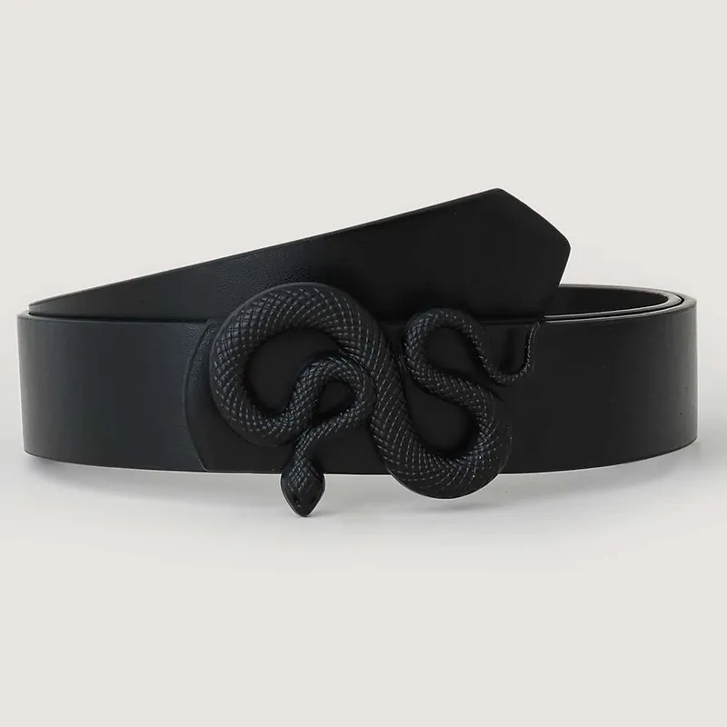 Women Simple Snake Decoration Solid Color PU Belt