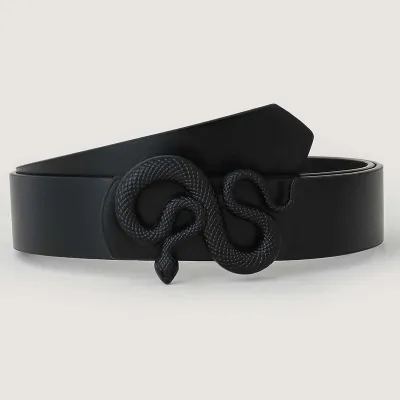 Women Simple Snake Decoration Solid Color PU Belt