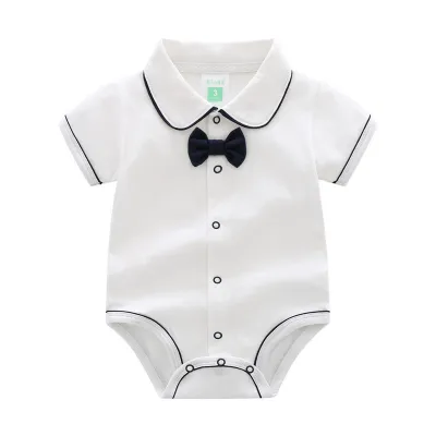 Baby Boys Basic Lapel Single-breasted Short Sleeve Cotton Romper Unisex