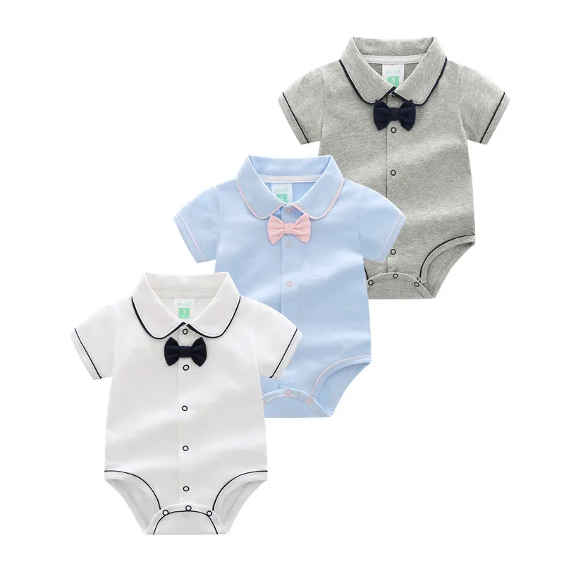 Baby Boys Basic Lapel Single-breasted Short Sleeve Cotton Romper Unisex