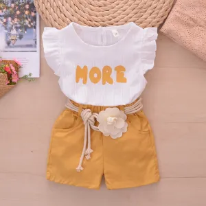Girls Casual Round Neck Short Sleeve Letter Print T-shirt And Shorts Two-piece Cotton Set For Baby 0-3T