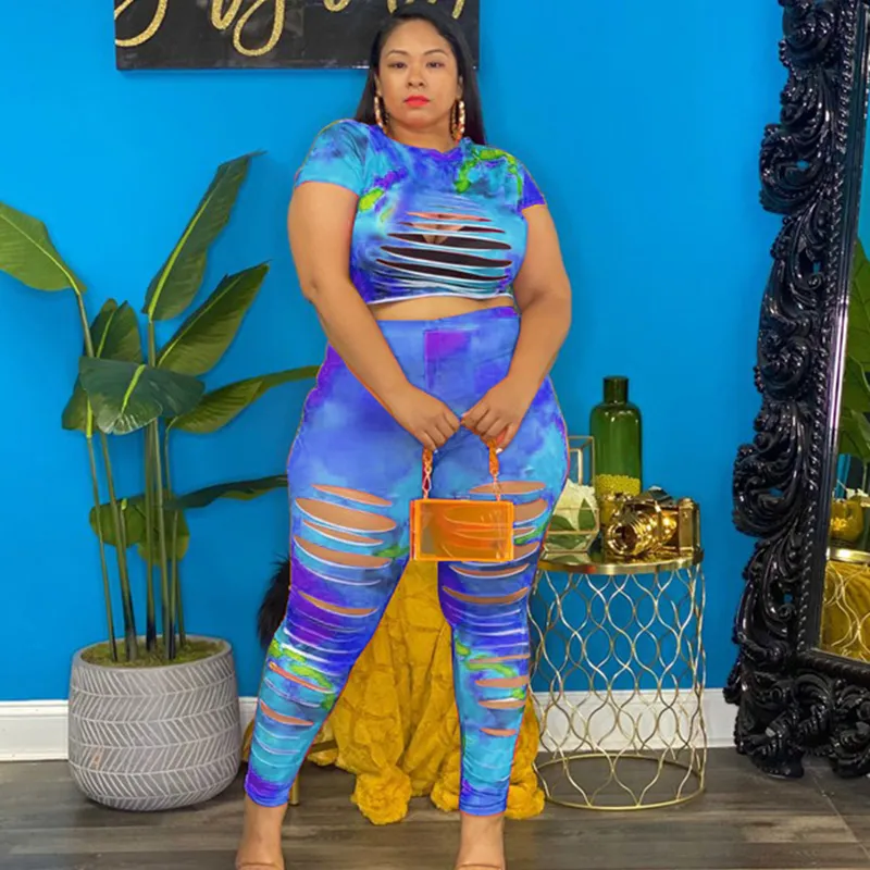 Women Sexy Plus Size Tie Dye Short Sleeve Crop Top And Cut Out Skinny Pants Set