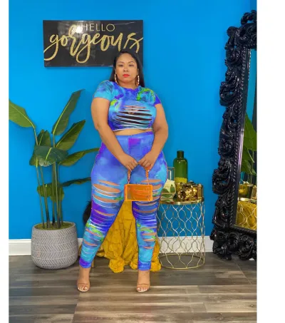 Women Sexy Plus Size Tie Dye Short Sleeve Crop Top And Cut Out Skinny Pants Set