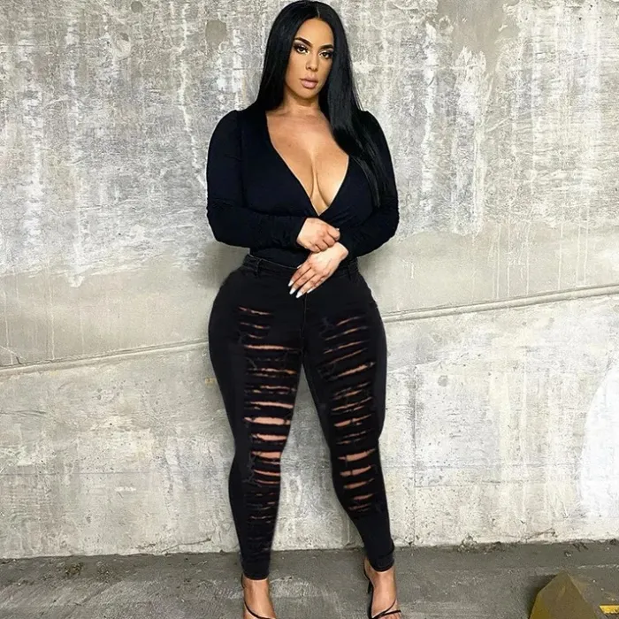 Women Sexy Raw Hem Ripped Skinny Jeans