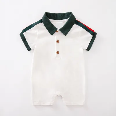 Baby Boys Basic Lapel Short Sleeve Cotton Romper Pullover