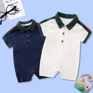 Baby Boys Basic Lapel Short Sleeve Cotton Romper Pullover