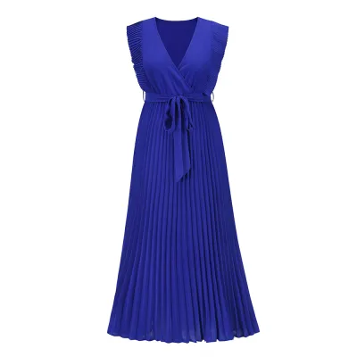 Women Elegant Office V Neck Sleeveless Chiffon Solid Color Loose Pleated Dress