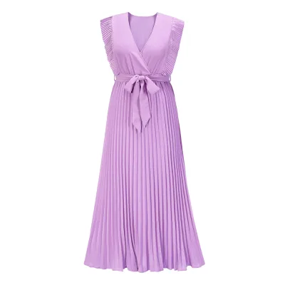 Women Elegant Office V Neck Sleeveless Chiffon Solid Color Loose Pleated Dress