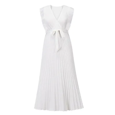 Women Elegant Office V Neck Sleeveless Chiffon Solid Color Loose Pleated Dress