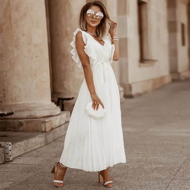 Women Elegant Office V Neck Sleeveless Chiffon Solid Color Loose Pleated Dress