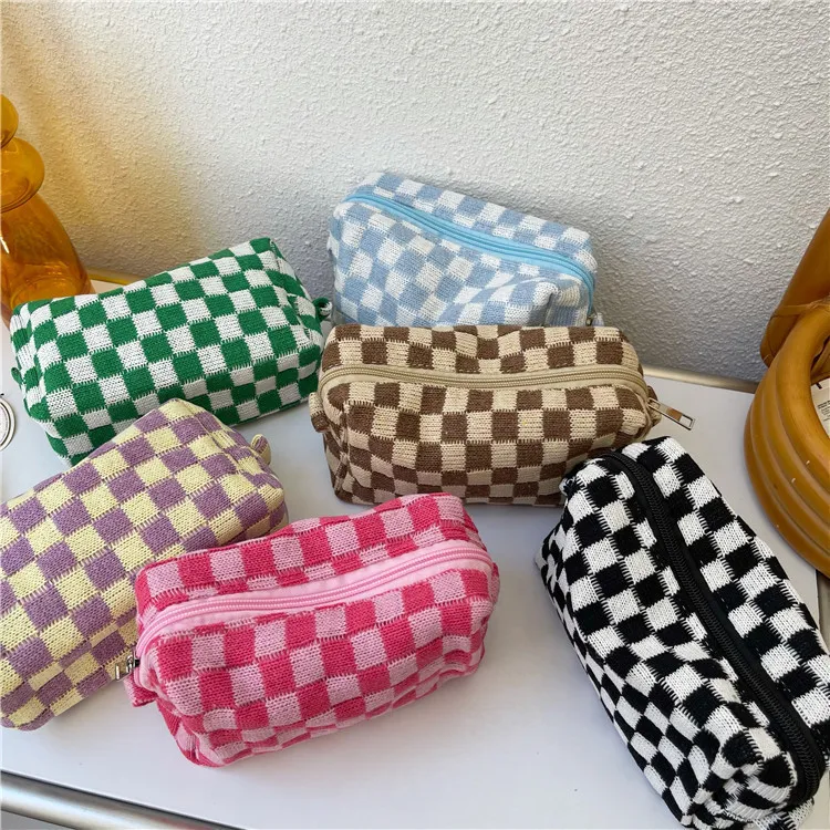 Cartoon Checkerboard Knitted Contrast Color Large Capacity Cosmetic Storage Bag