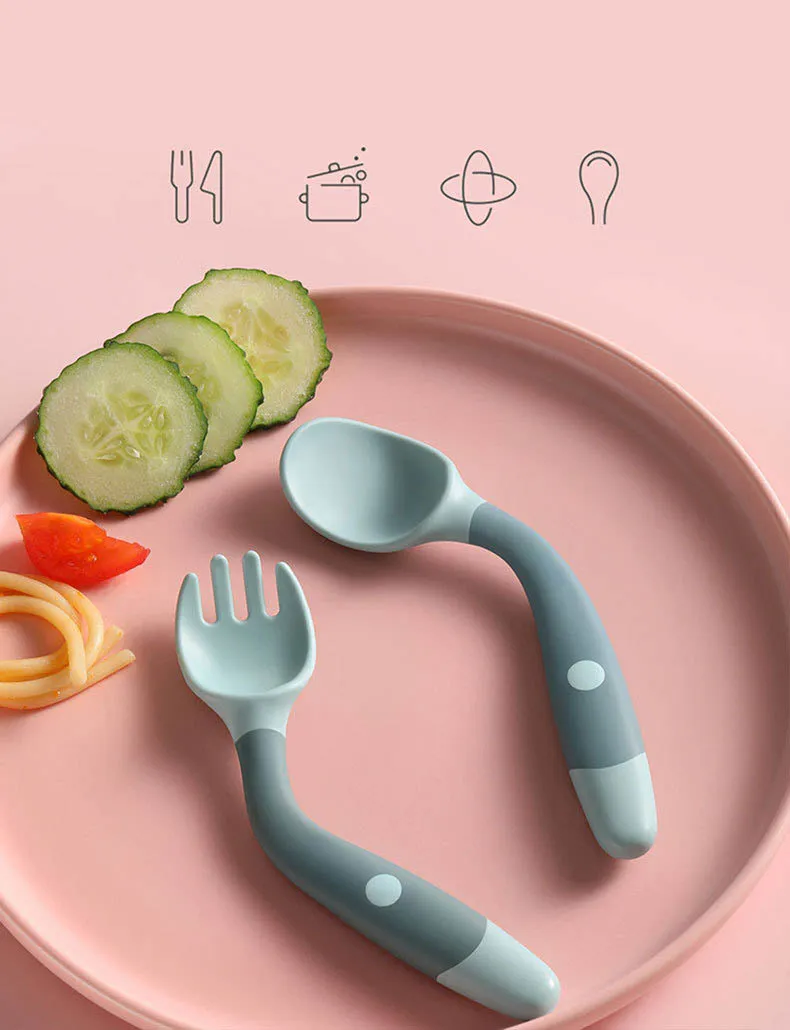 Kids Feeding Training Silicone Bendable Fork And Spoon - Baby Utensils Set