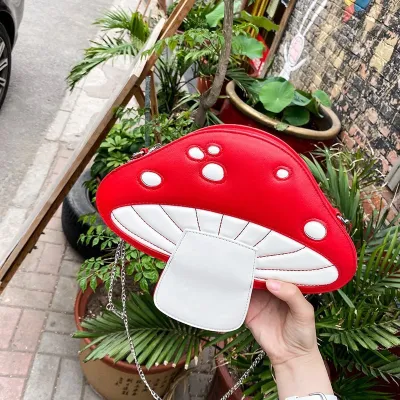 Cute Mushroom Cartoon Chain Contrast Color PU Crossbody Bag