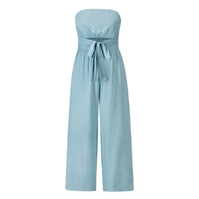 Women Casual Summer Solid Color Bandage Strapless Straight Jumpsuits
