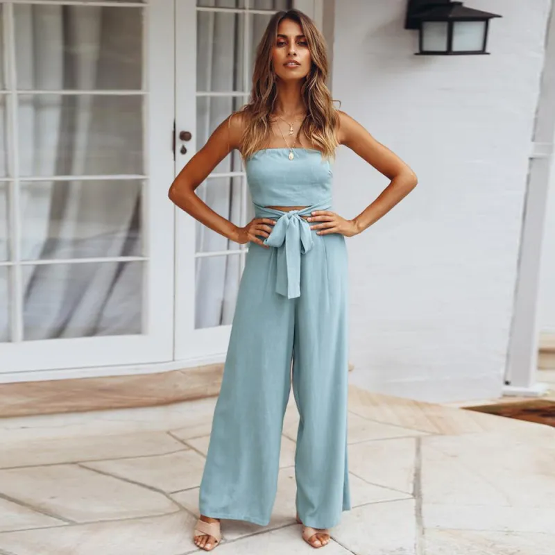 Women Casual Summer Solid Color Bandage Strapless Straight Jumpsuits