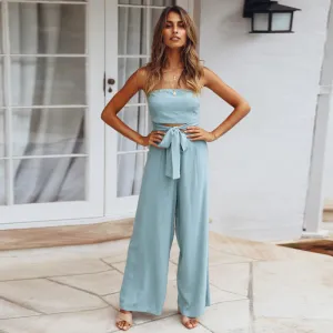 Women Casual Summer Solid Color Bandage Strapless Straight Jumpsuits