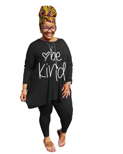 Plus Size Women Casual Long Sleeve Letter Printed T-Shirt And Skinny Pants Set