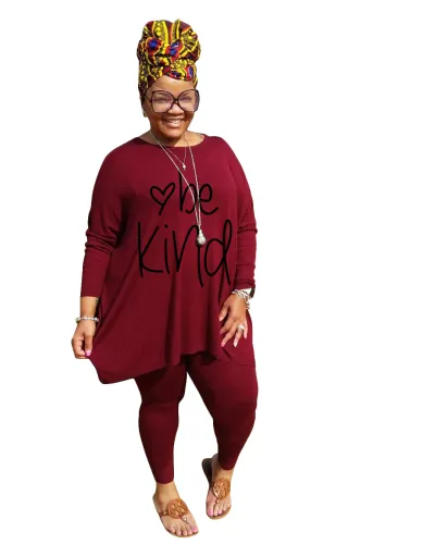Plus Size Women Casual Long Sleeve Letter Printed T-Shirt And Skinny Pants Set
