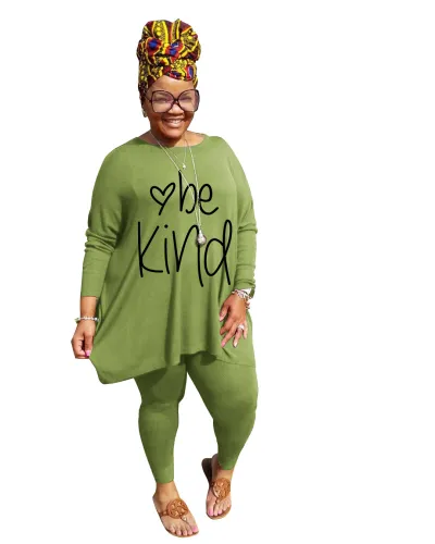 Plus Size Women Casual Long Sleeve Letter Printed T-Shirt And Skinny Pants Set