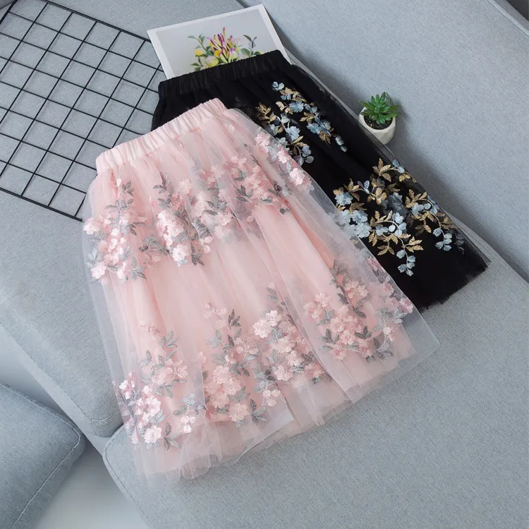 Girls Sweet Mesh Floral Embroidered Wild Fluffy Pleated Skirt