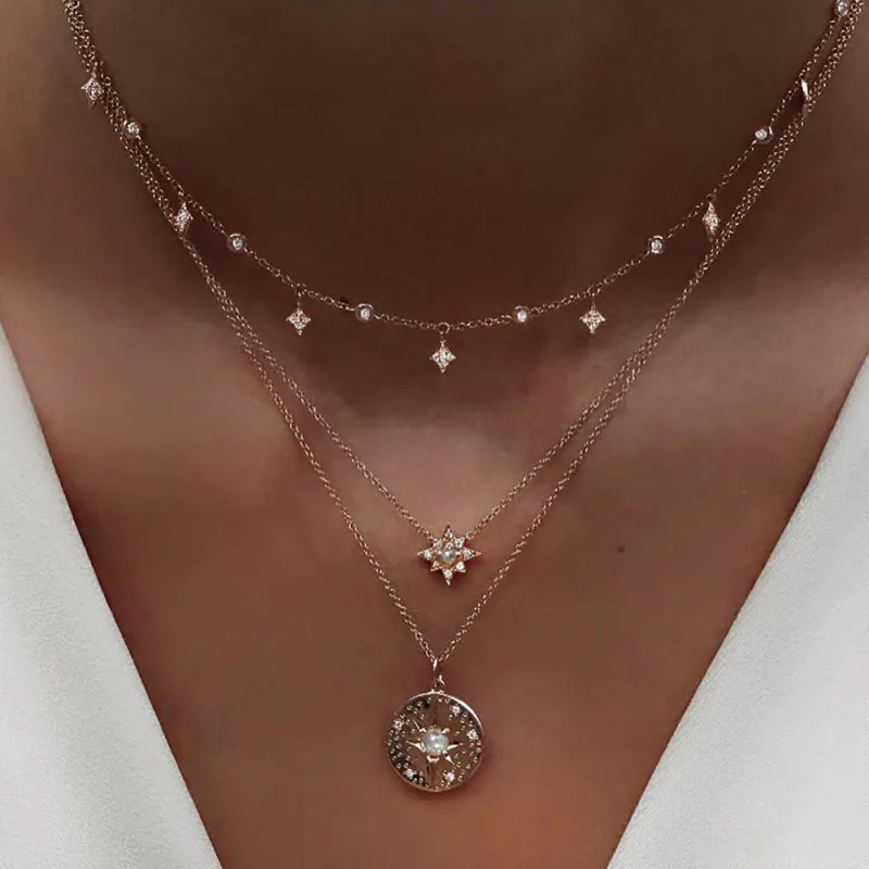 Boho Star Pendant Rhinestone Decorative Alloy Multilayer Necklace