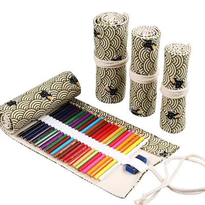 Handmade Canvas Large Capacity Pen Holder Pencil Case Stationery Storage Bag with Owl Print