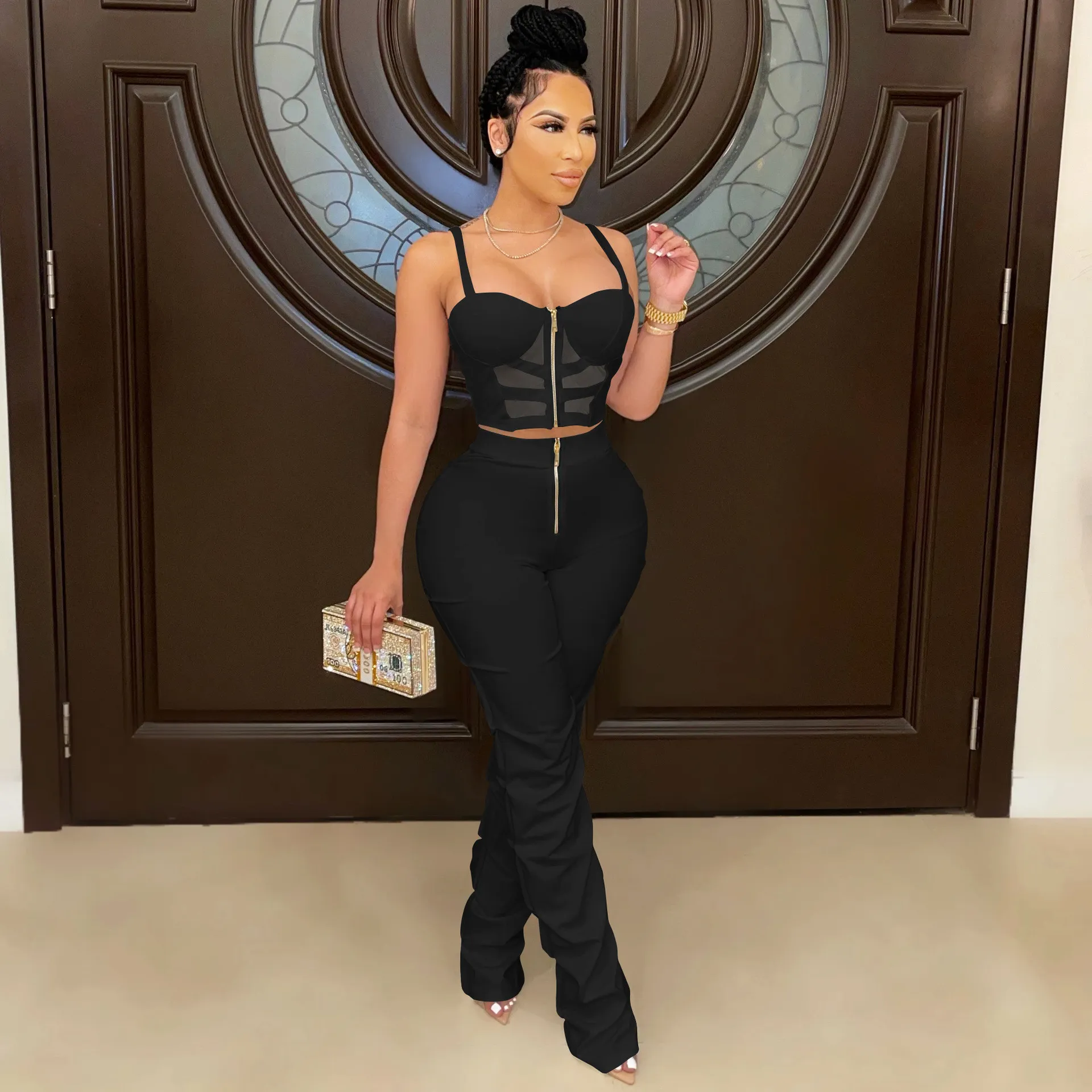 Women Edgy Sexy Sleeveless Solid Color Mesh See-through Crop Tank Top And Zipper Pants Set
