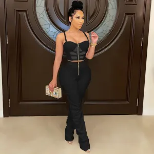 Women Edgy Sexy Sleeveless Solid Color Mesh See-through Crop Tank Top And Zipper Pants Set
