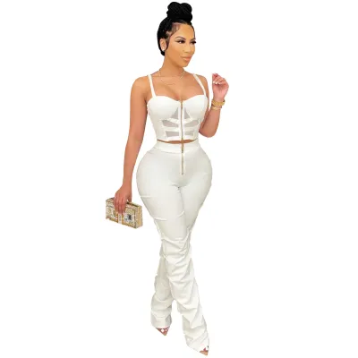 Women Edgy Sexy Sleeveless Solid Color Mesh See-through Crop Tank Top And Zipper Pants Set