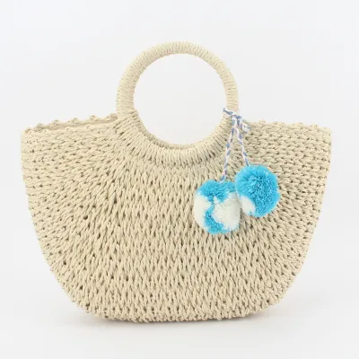 Rope Round Bucket Straw Woven Handbag