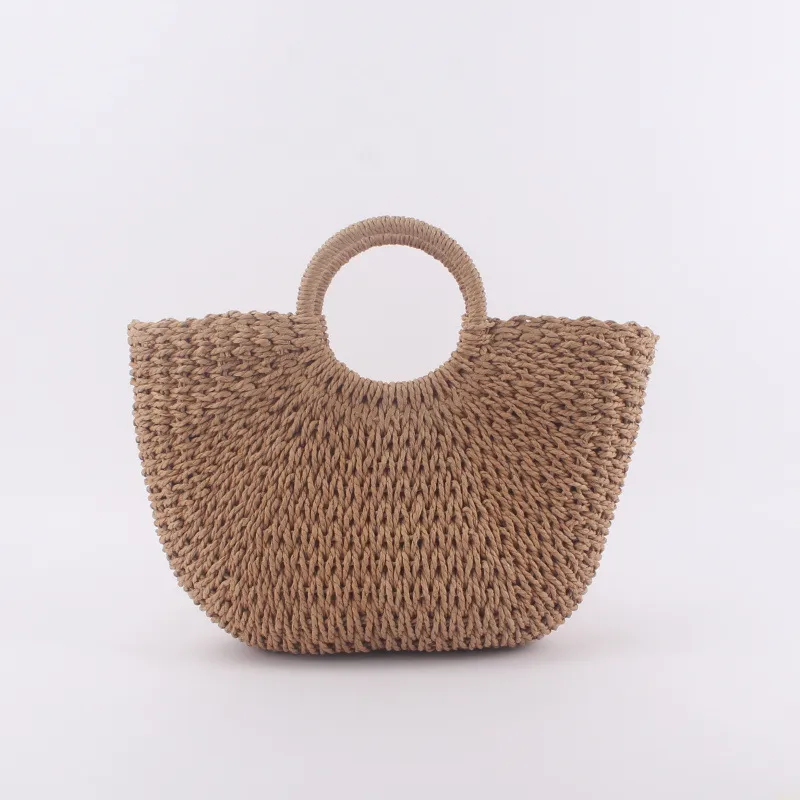Rope Round Bucket Straw Woven Handbag