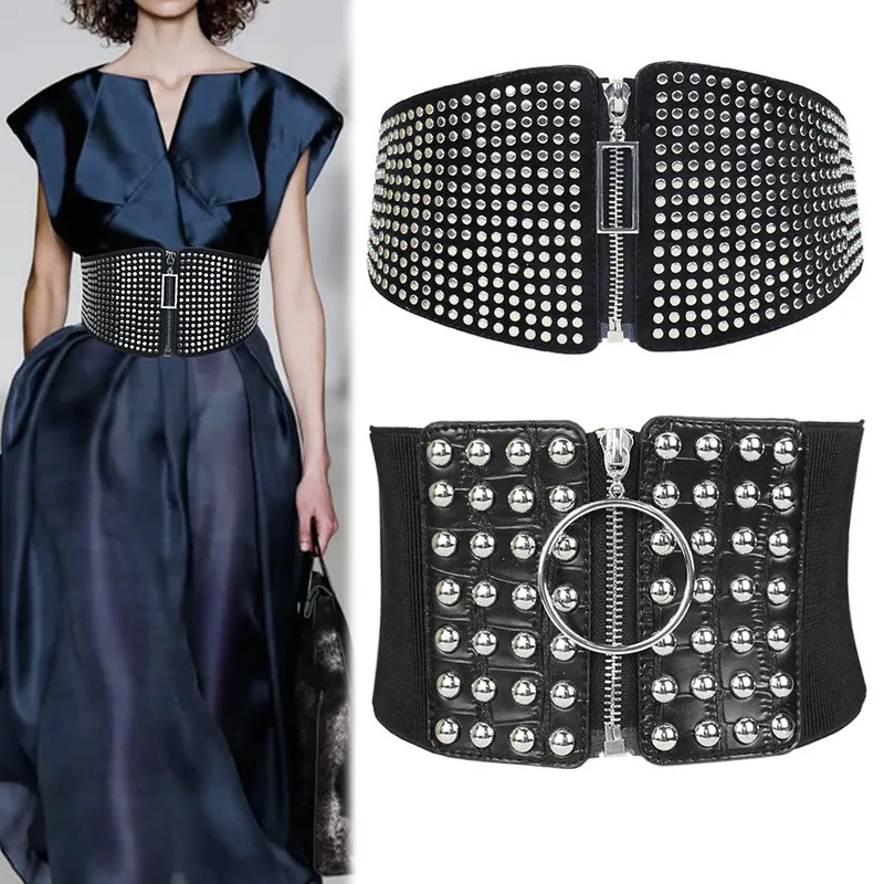 Women Punk Rivet Zipper Design Dress PU Belt