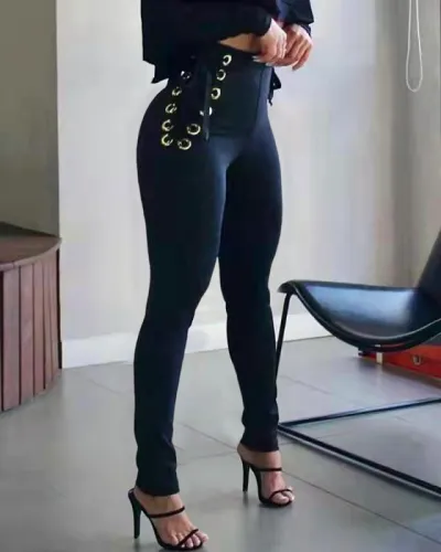Women Casual Camouflage Leopard Lace Up Skinny Pants