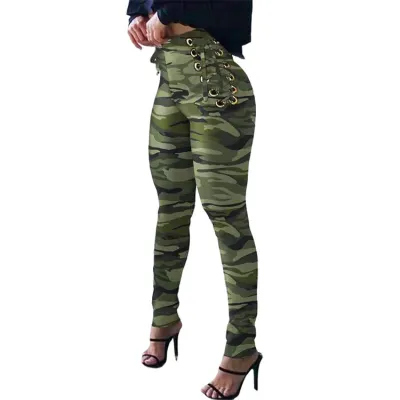 Women Casual Camouflage Leopard Lace Up Skinny Pants
