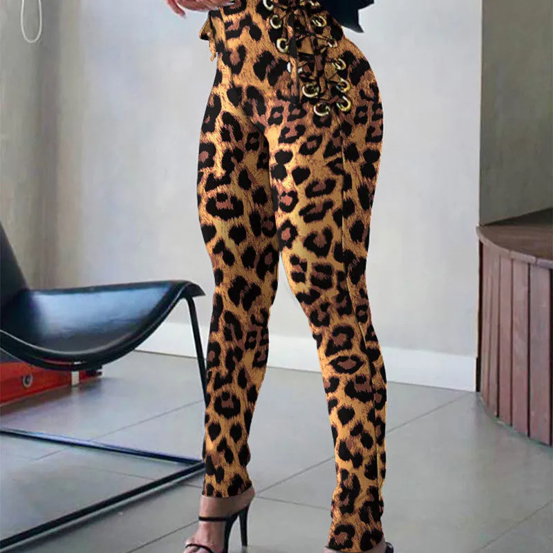 Women Casual Camouflage Leopard Lace Up Skinny Pants