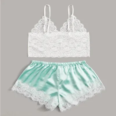 Women Sexy Sation Solid Color Sleeveless Lace Top And Color Blocking Pajamas Set