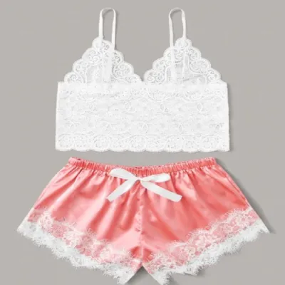 Women Sexy Sation Solid Color Sleeveless Lace Top And Color Blocking Pajamas Set