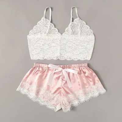 Women Sexy Sation Solid Color Sleeveless Lace Top And Color Blocking Pajamas Set