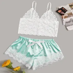 Women Sexy Sation Solid Color Sleeveless Lace Top And Color Blocking Pajamas Set