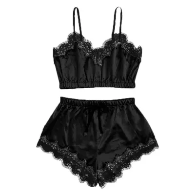 Women Summer Sexy Color Blocking Sleeveless Lace Patchwork Pajamas Set