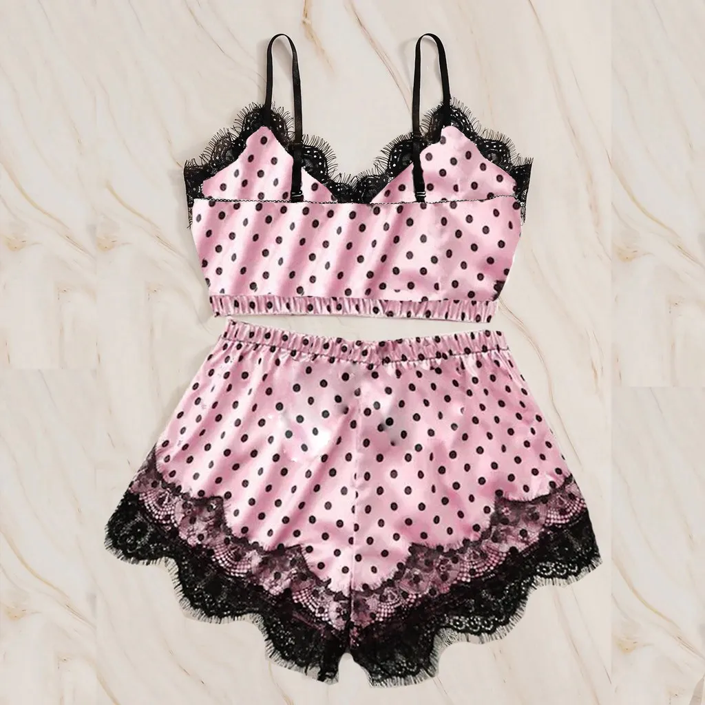 Women Summer Sexy Color Blocking Sleeveless Lace Patchwork Pajamas Set