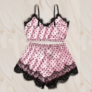 Women Summer Sexy Color Blocking Sleeveless Lace Patchwork Pajamas Set