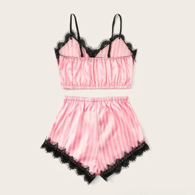 Women Summer Sexy Color Blocking Sleeveless Lace Patchwork Pajamas Set