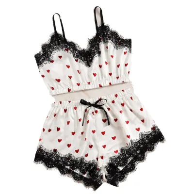 Women Summer Sexy Color Blocking Sleeveless Lace Patchwork Pajamas Set