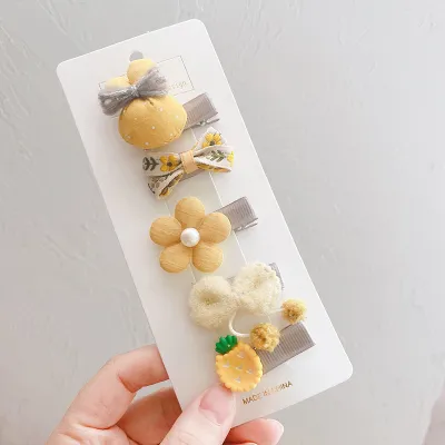 5pieces/set Kids Cute Cartoon Bow Flower Animal Fruit Decor Fabric Hair Clip