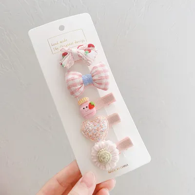5pieces/set Kids Cute Cartoon Bow Flower Animal Fruit Decor Fabric Hair Clip
