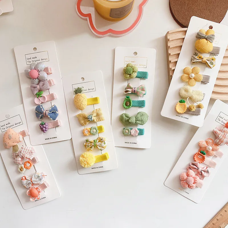 5pieces/set Kids Cute Cartoon Bow Flower Animal Fruit Decor Fabric Hair Clip