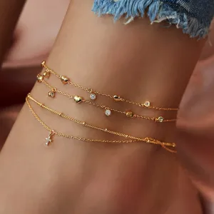 Simple Heart Cross Design Crystal Decoration Alloy Multilayer Anklet